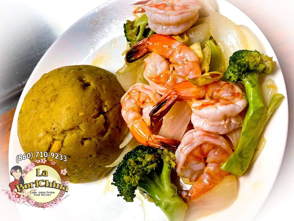 Shrimp Stir Fry with Yuca at La Borichina, Asian Restaurant in Hartford