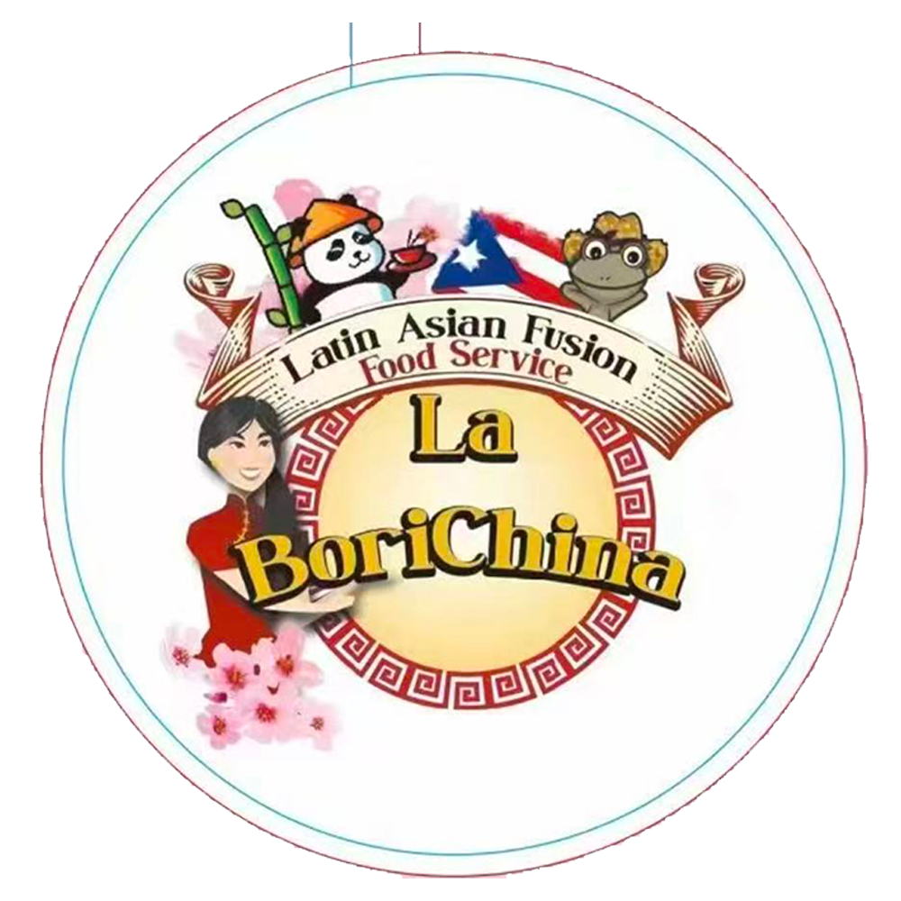 La BoriChina logo featuring a smiling woman in a red dress, cherry blossoms, and the Great Wall background, with phone number and "Latin Asian Fusion Food Service" text.